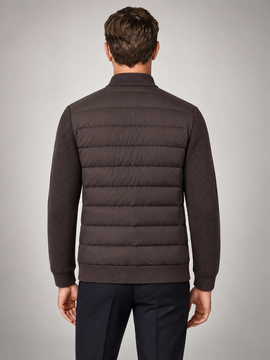 Volantero Men's Knit Sleeve Down Jacket in Brown, back view