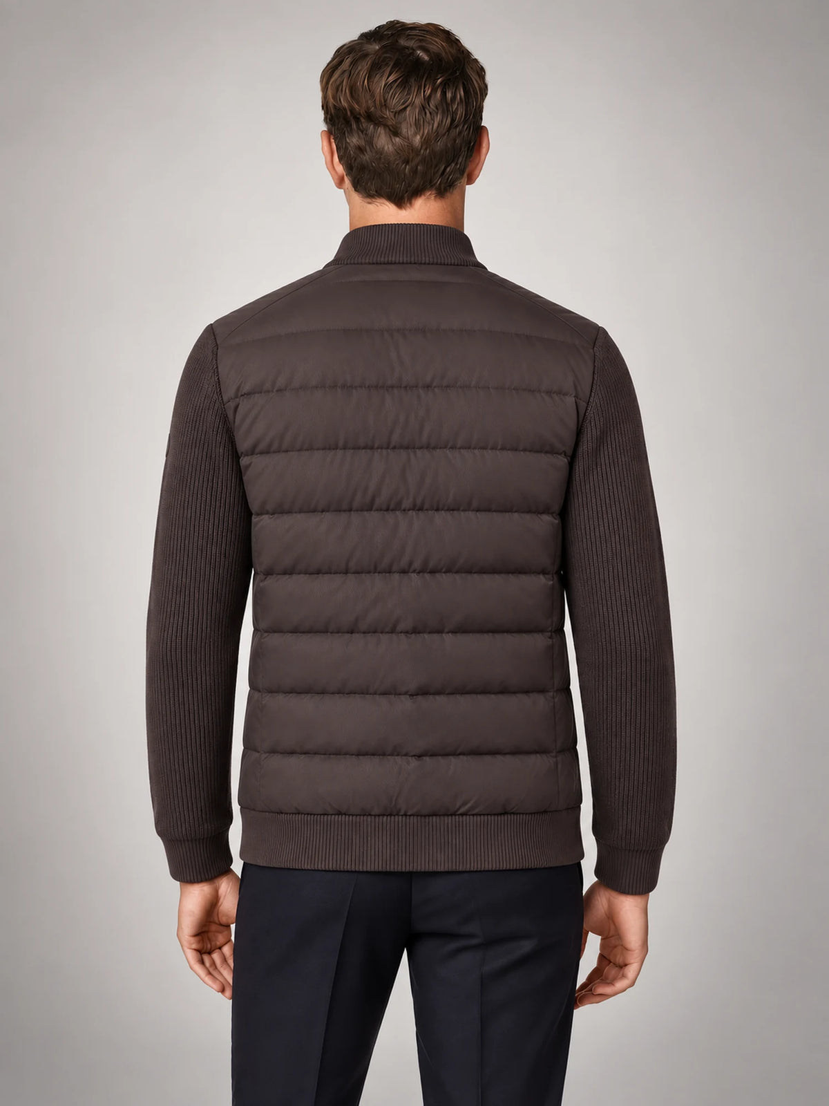 Volantero Men's Knit Sleeve Down Jacket in Brown, back view