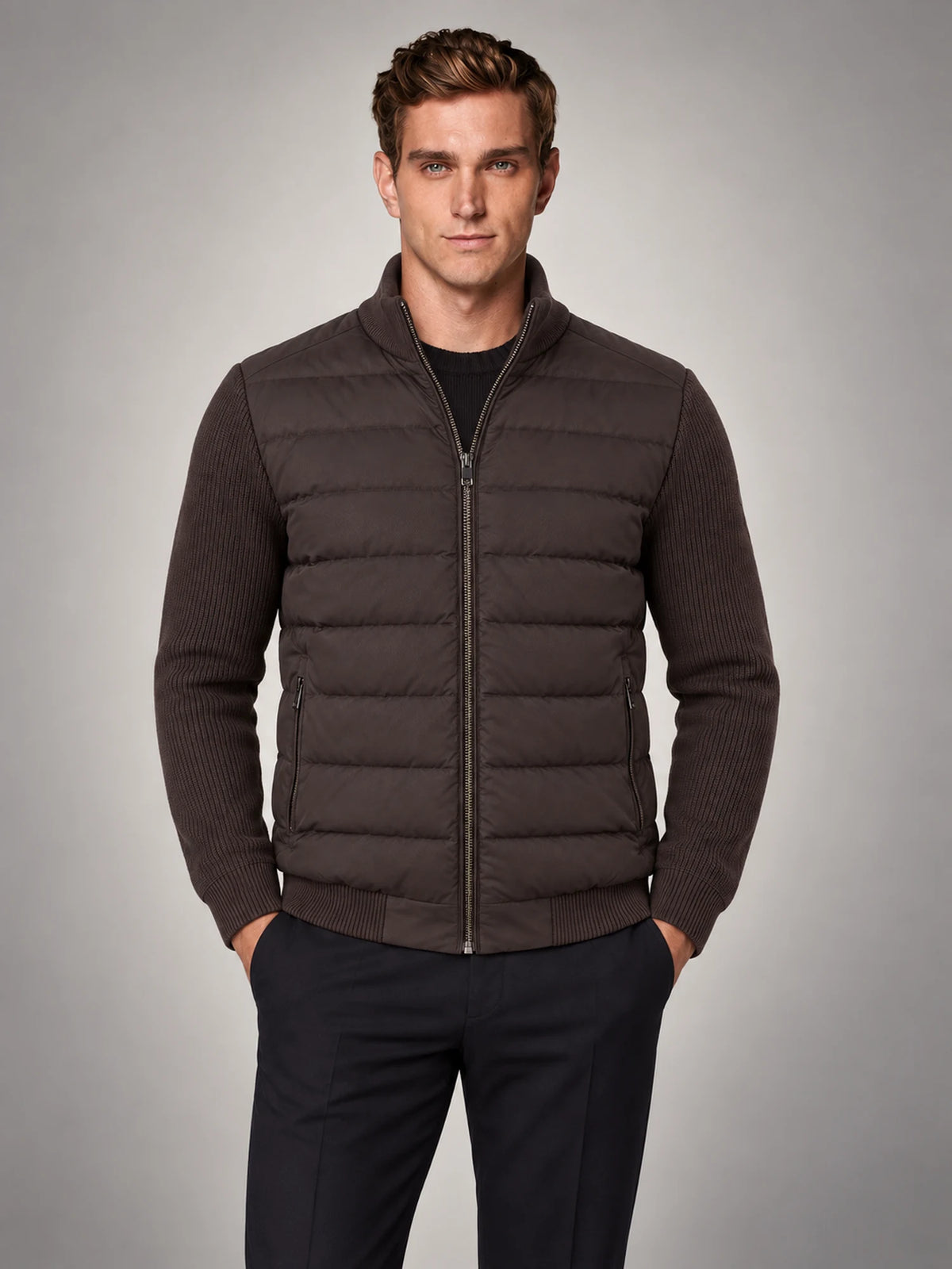 Volantero Men's Knit Sleeve Down Jacket in Brown, front view