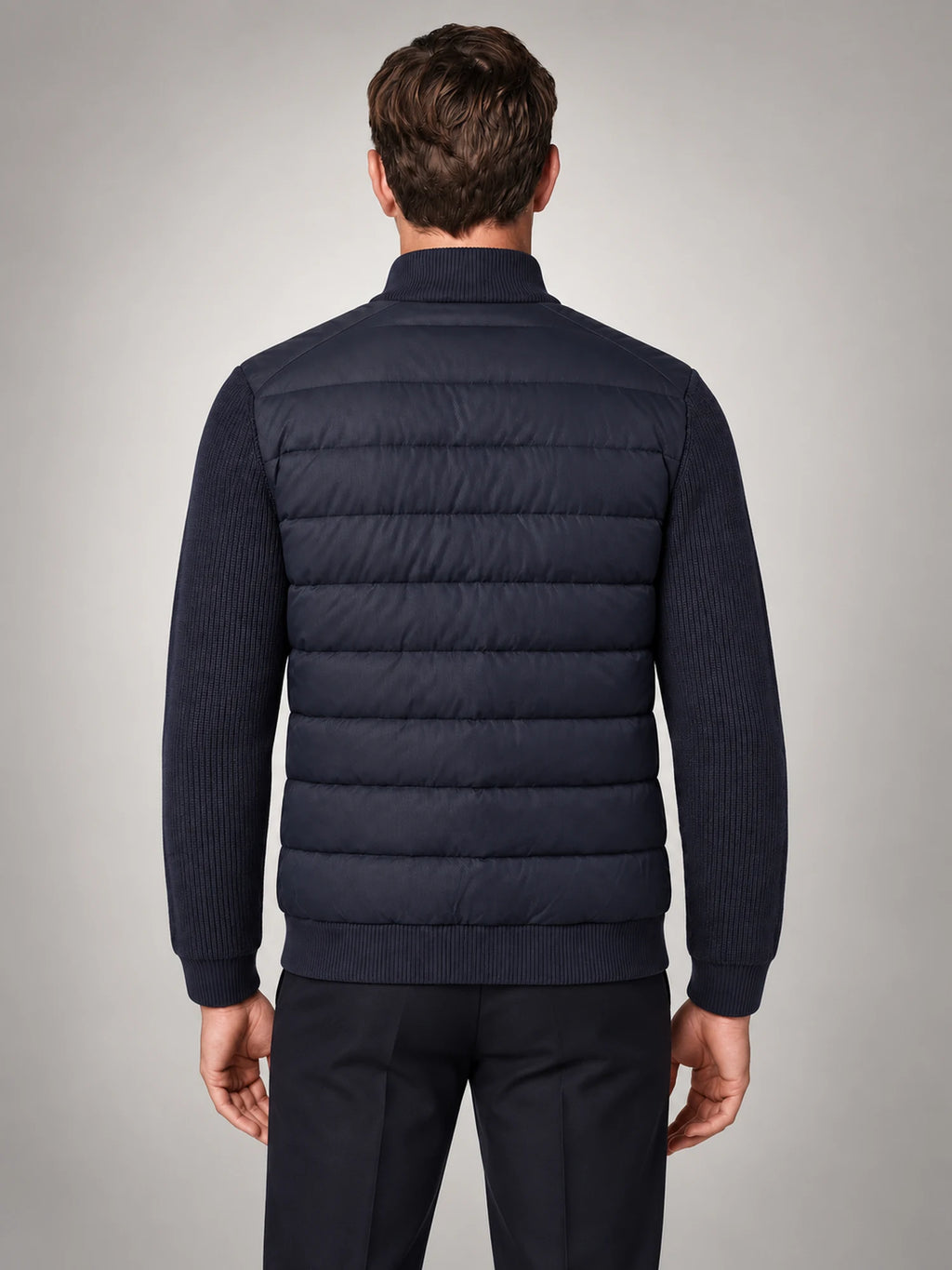 Volantero Men's Knit Sleeve Down Jacket in Navy, back view