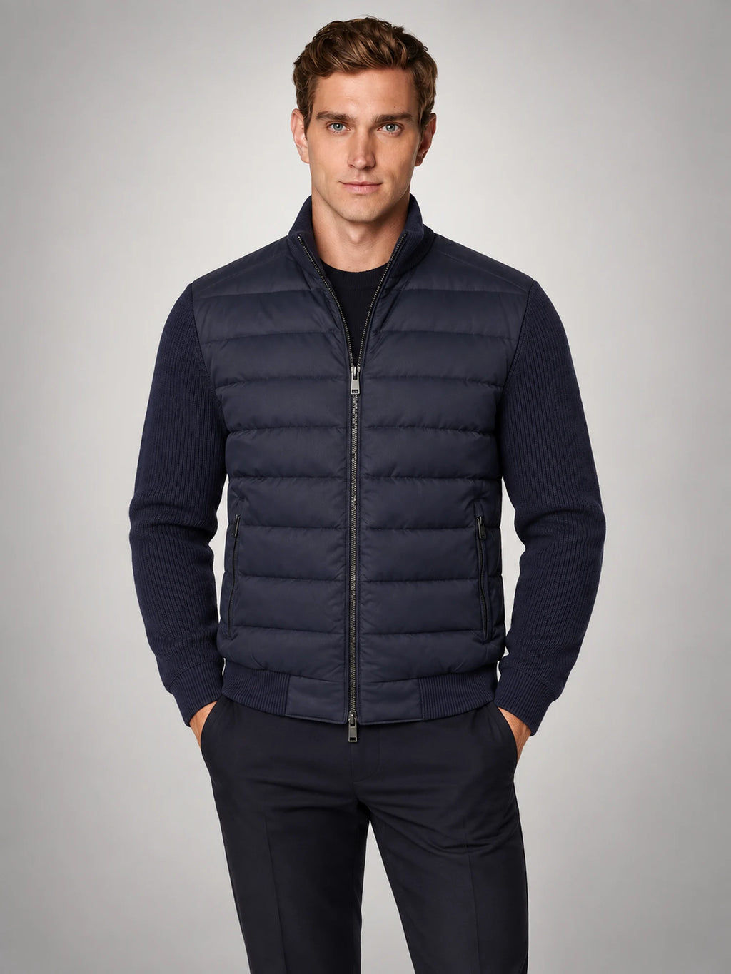 Volantero Men's Knit Sleeve Down Jacket in Navy, hover view