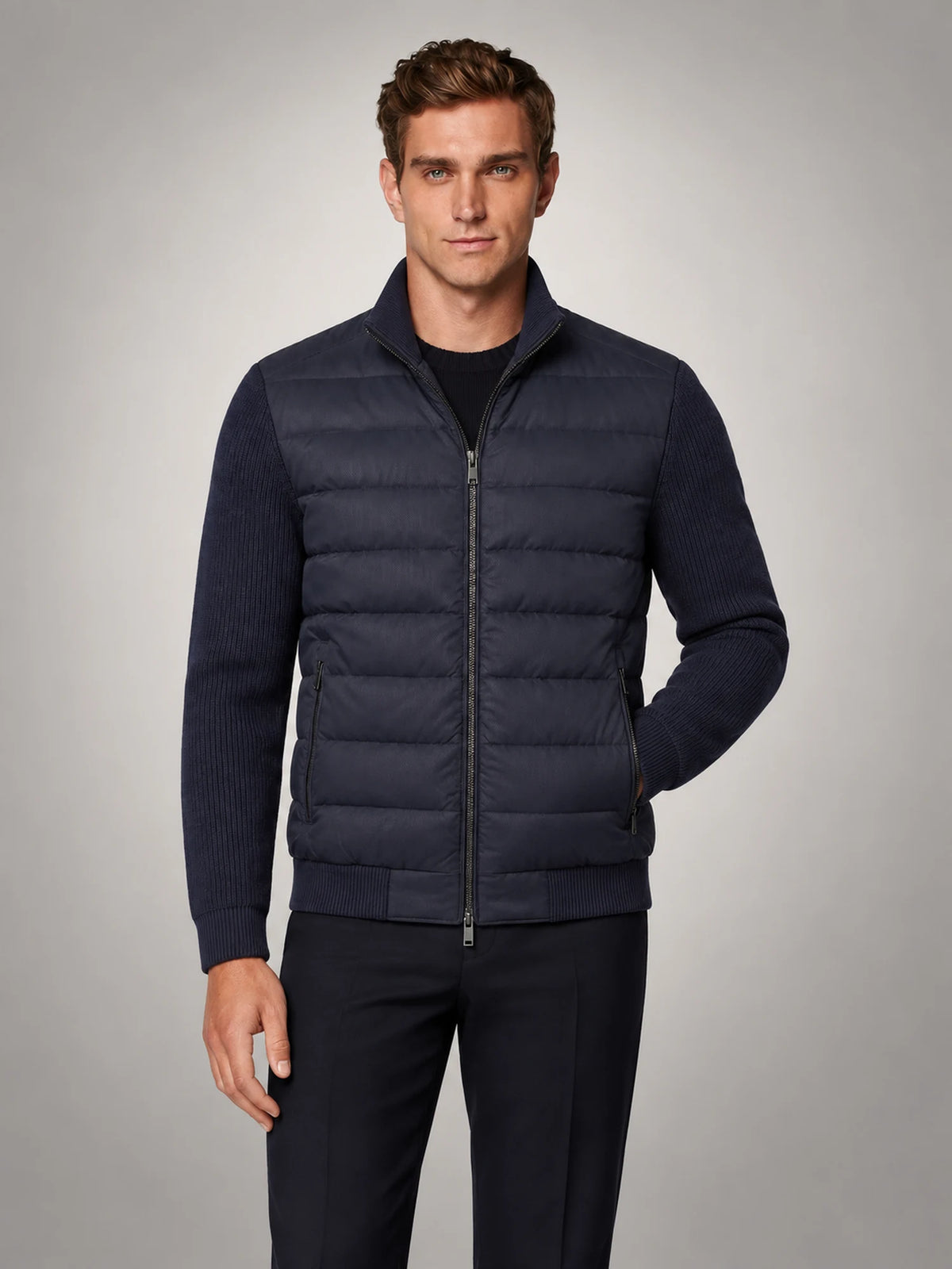 Volantero Men's Knit Sleeve Down Jacket in Navy, main view