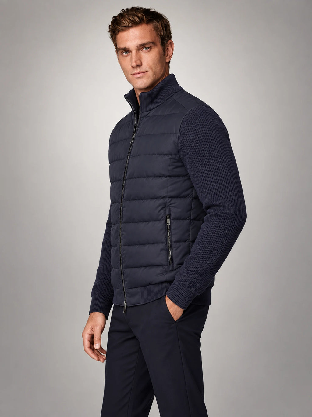 Volantero Men's Knit Sleeve Down Jacket in Navy, side view