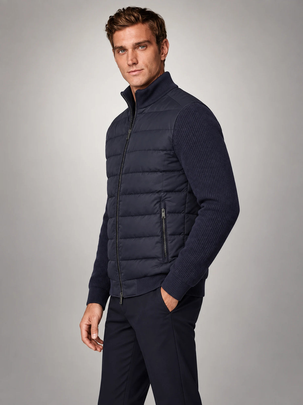 Volantero Men's Knit Sleeve Down Jacket in Navy, side view