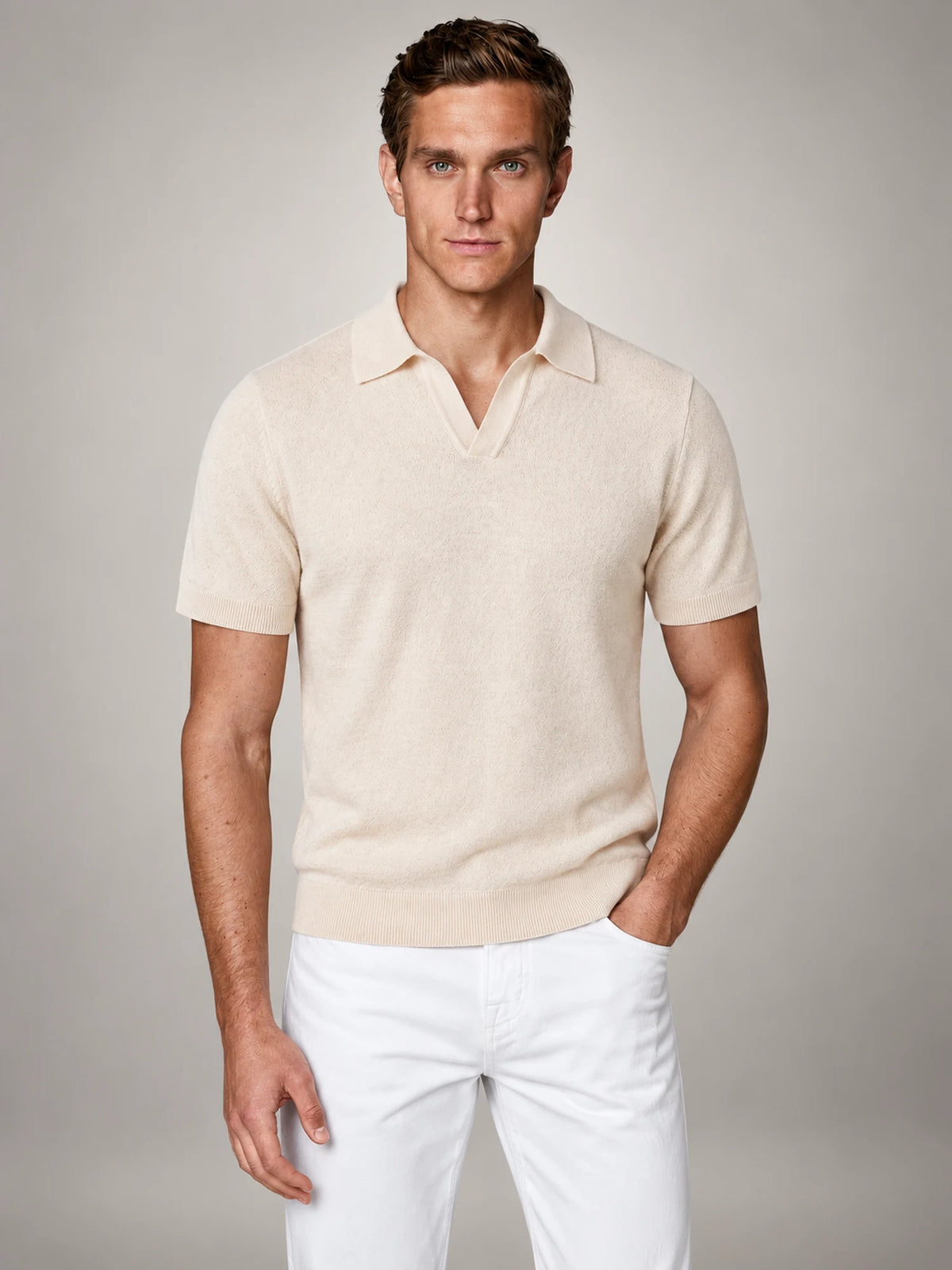 Volantero Men's V-Neck Summer Polo in Beige, hover view