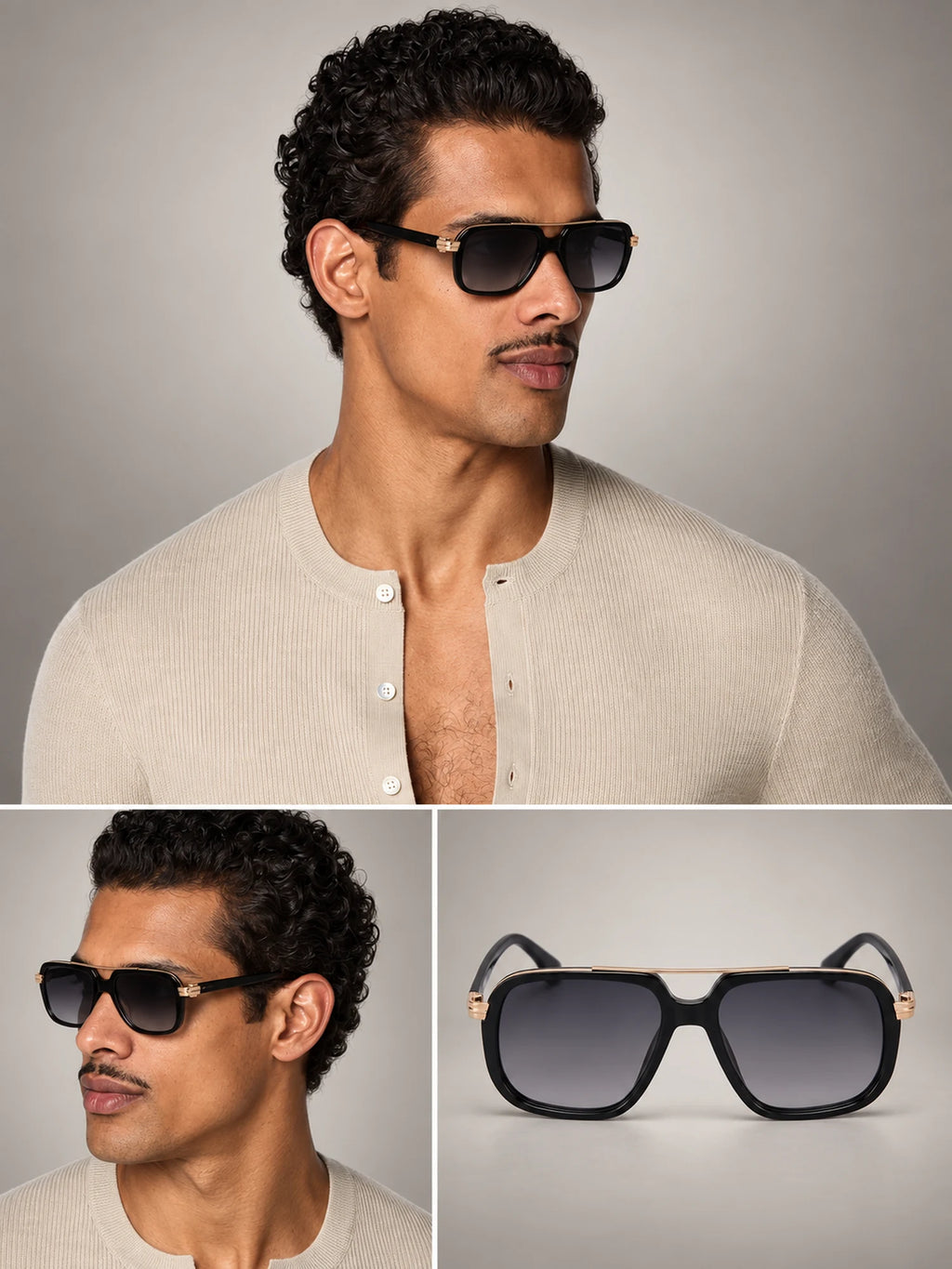 Volantero Men's Square Double Bridge Sunglasses in Black, hover view