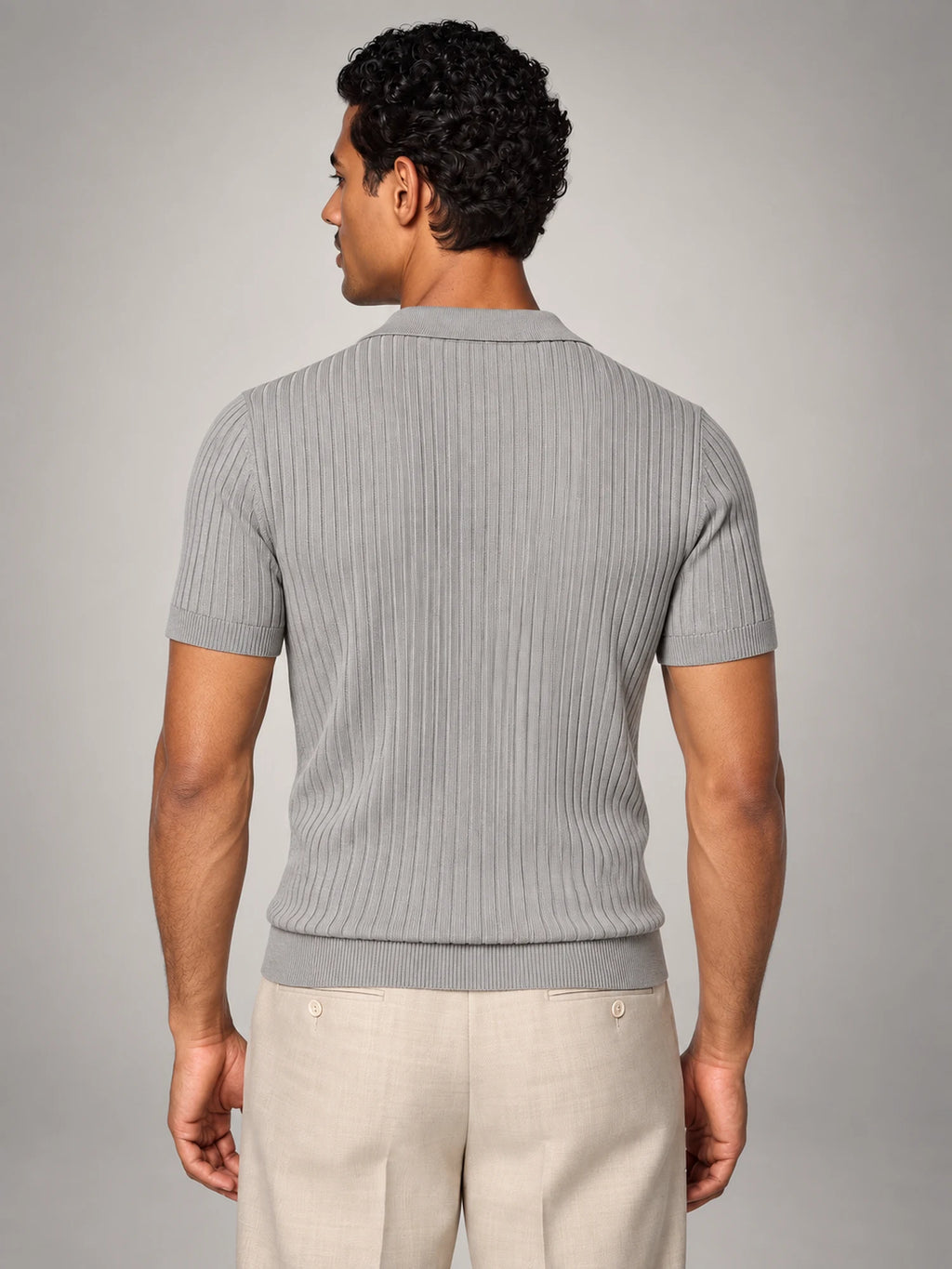 Volantero Men's Slim-Fit Ribbed Polo with V-Neck in Light Grey, back view