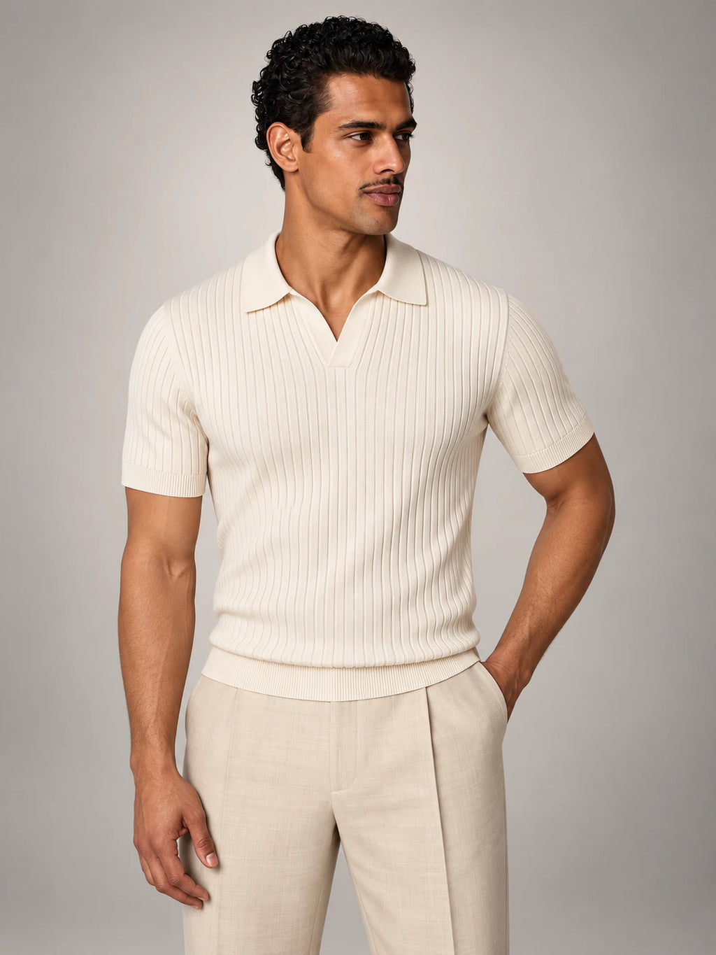 Volantero Men's Slim-Fit Ribbed Polo with V-Neck in White, hover view