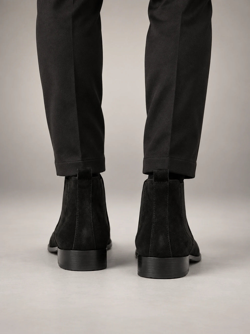 Volantero Men's Suede Chelsea Boots in Black, back view