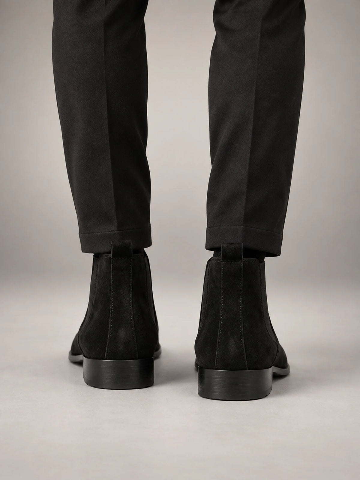 Volantero Men's Suede Chelsea Boots in Black, back view