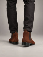 Volantero Men's Suede Chelsea Boots in Brown, back view