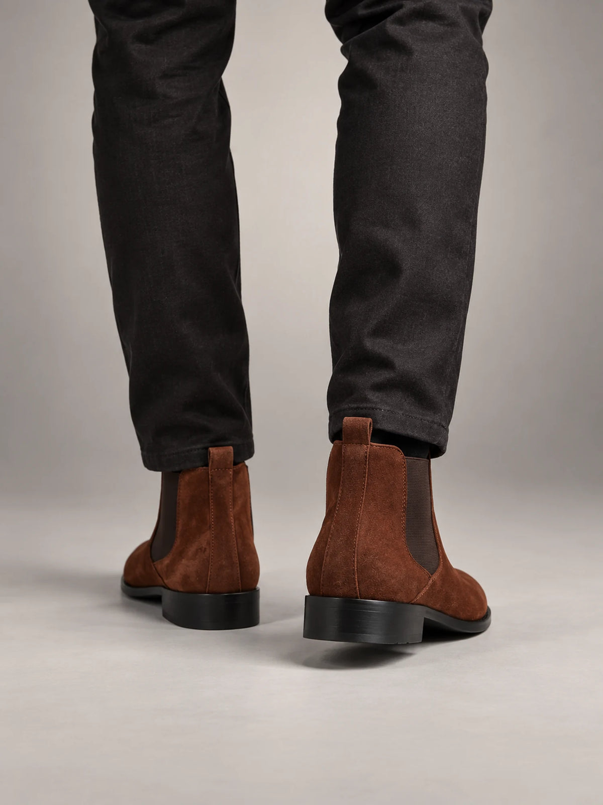 Volantero Men's Suede Chelsea Boots in Brown, back view