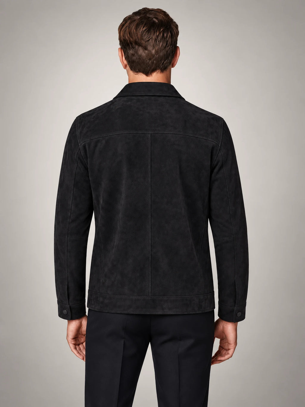 Volantero Men's Suede Jacket with Zip Collar in Black, back view