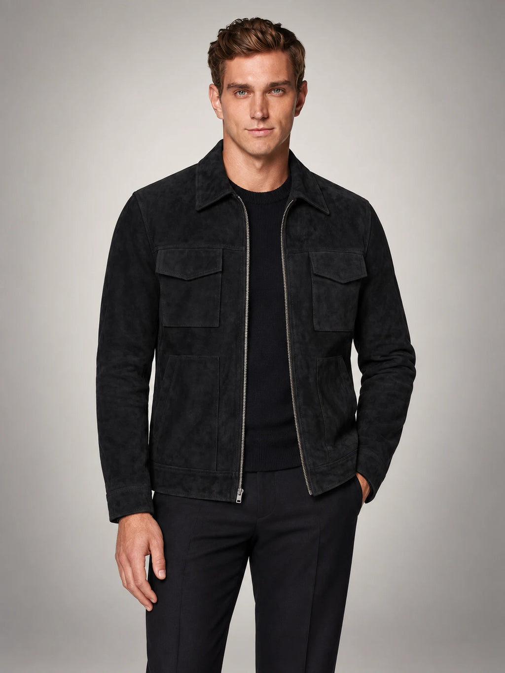 Volantero Men's Suede Jacket with Zip Collar in Black, front view