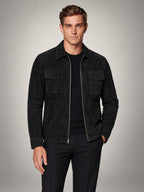 Volantero Men's Suede Jacket with Zip Collar in Black, front view