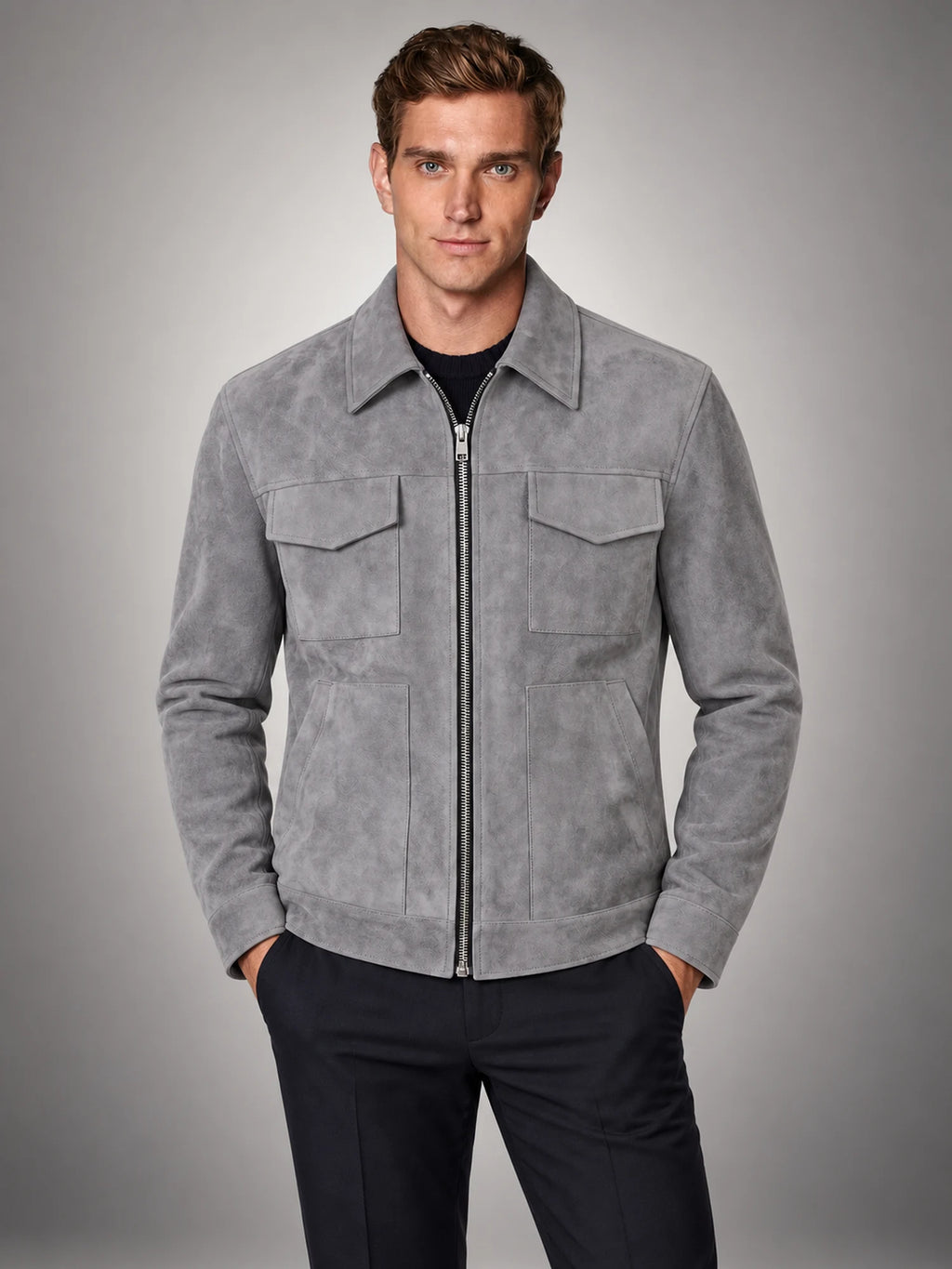Volantero Men's Suede Jacket with Zip Collar in Grey, hover view