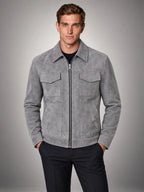 Volantero Men's Suede Jacket with Zip Collar in Grey, hover view
