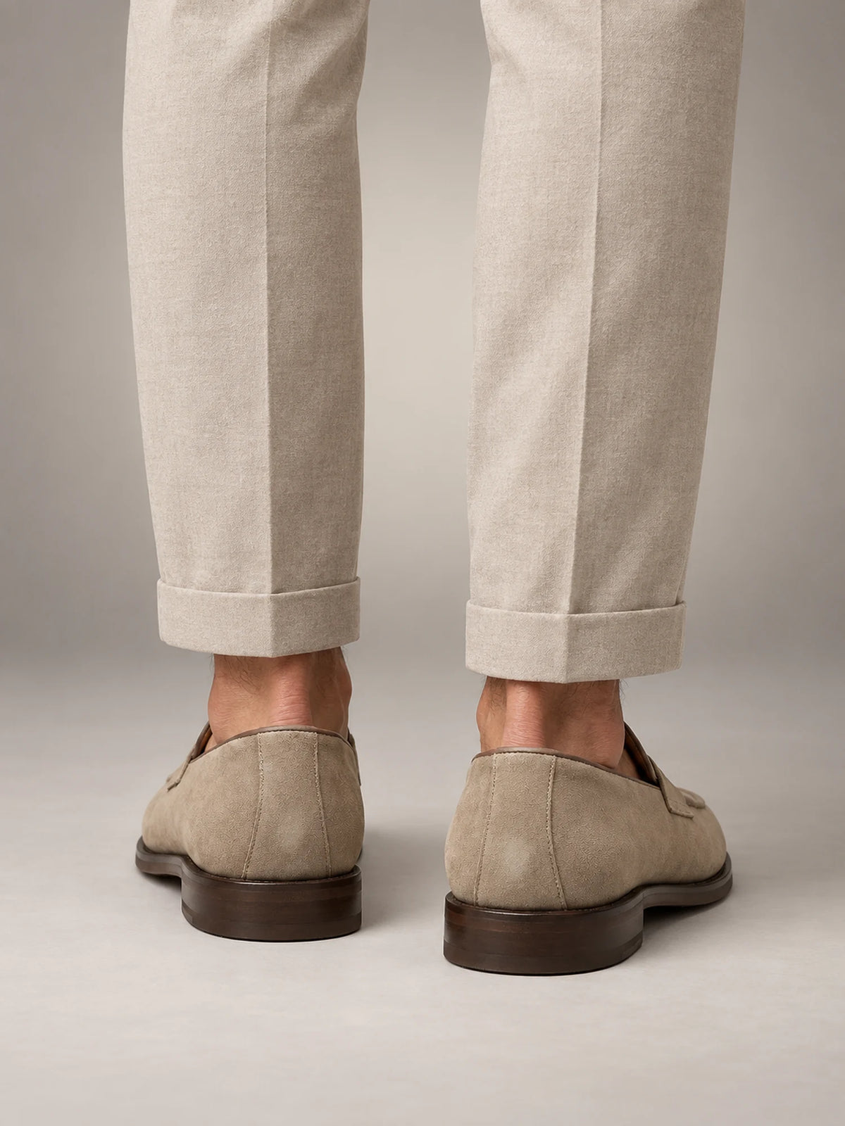 Volantero Men's Beige Suede Penny Loafers in Beige, back view