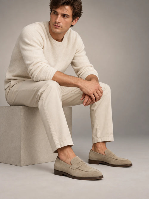 Volantero Men's Beige Suede Penny Loafers in Beige, hover view