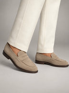 Volantero Men's Beige Suede Penny Loafers in Beige, main view