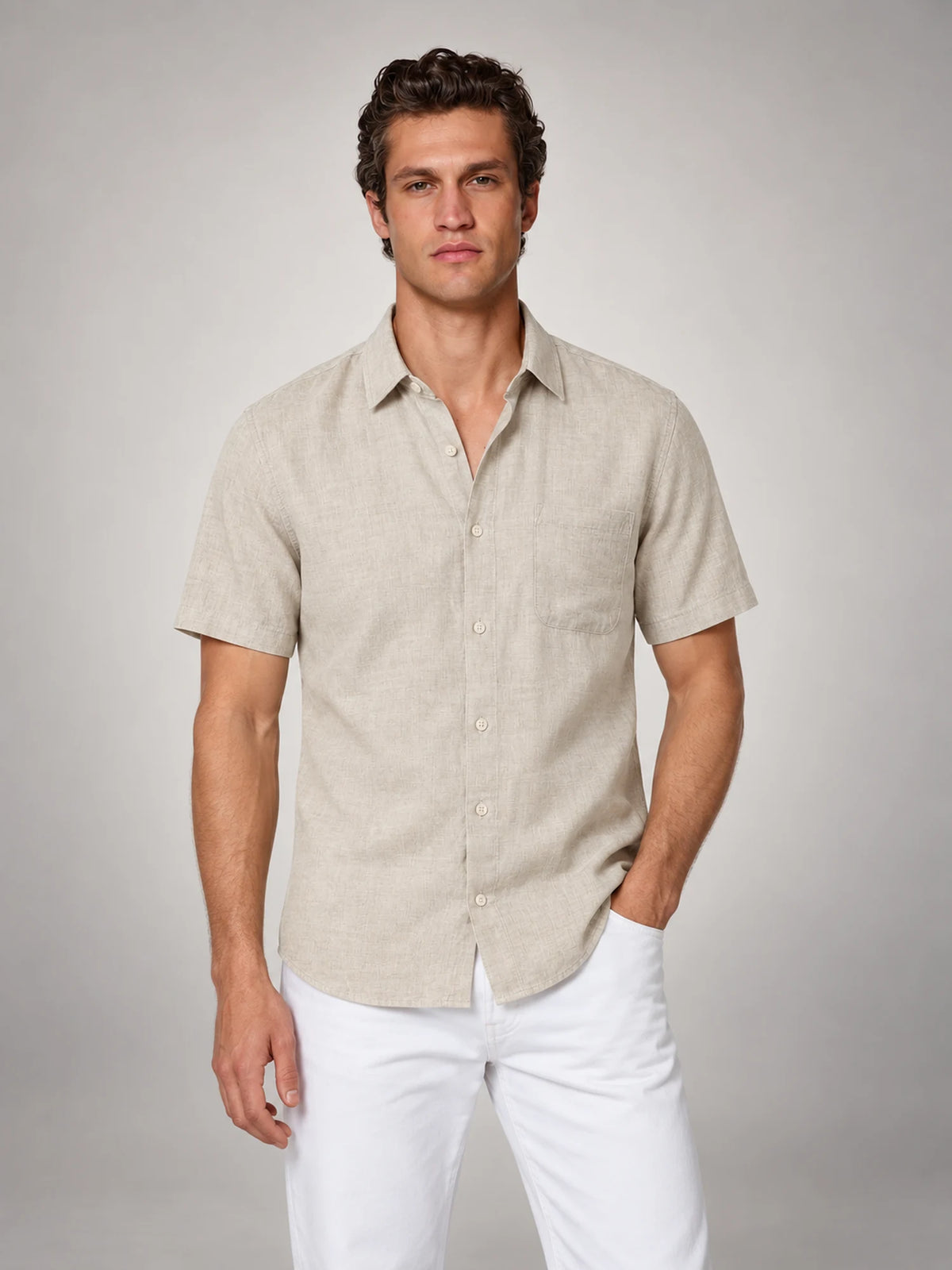 Volantero Men's Short-Sleeve Linen Shirt in Beige, main view