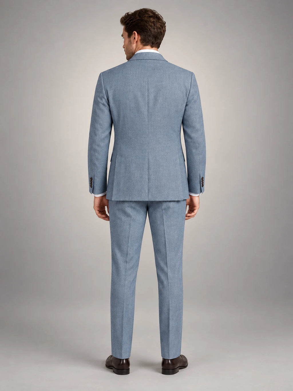 Volantero Men's Slim-Fit Linen Summer Suit in Light Blue, back view