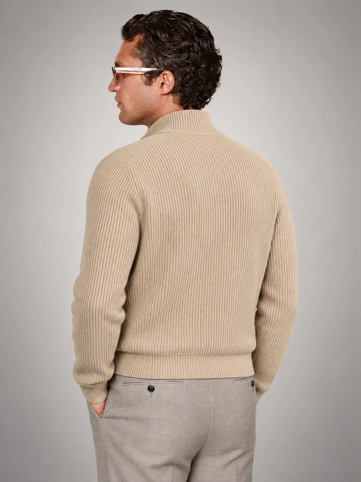 Volantero Men's Knitted Zip-Up Cardigan in Beige, back view