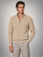 Volantero Men's Knitted Zip-Up Cardigan in Beige, hover view