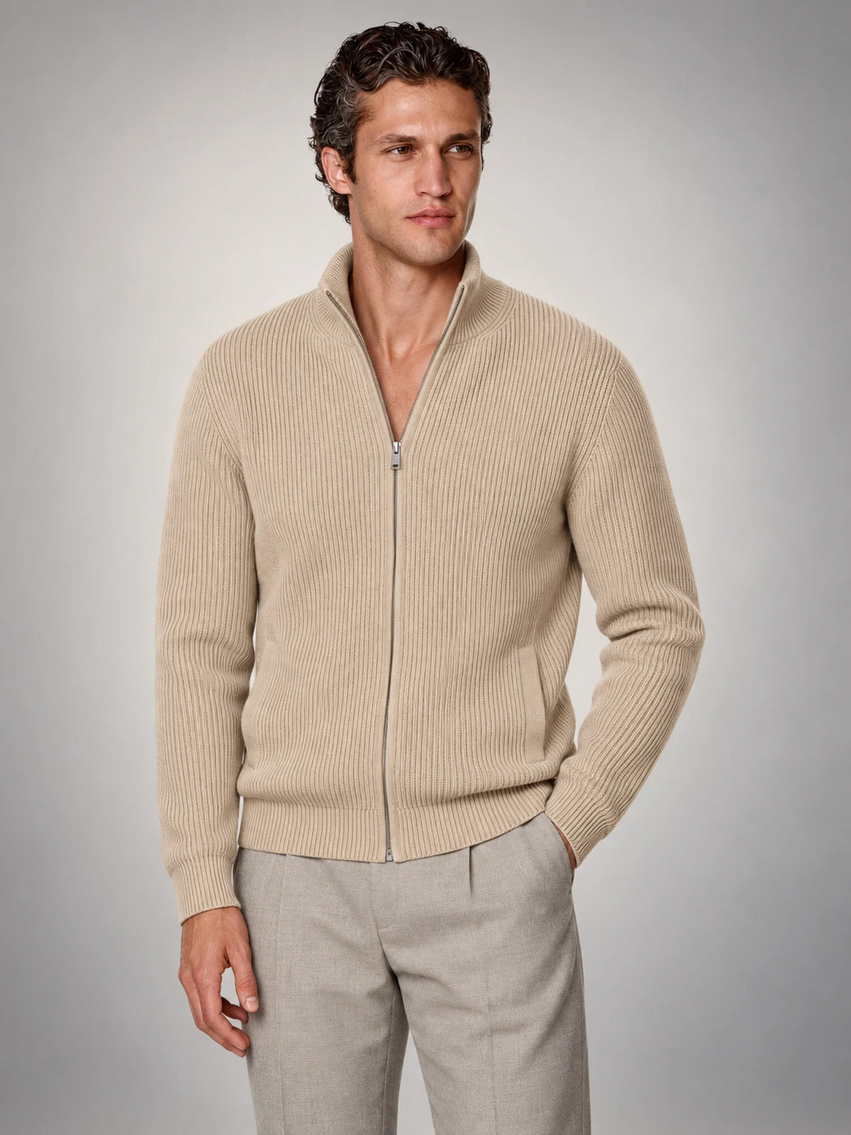 Volantero Men's Knitted Zip-Up Cardigan in Beige, hover view