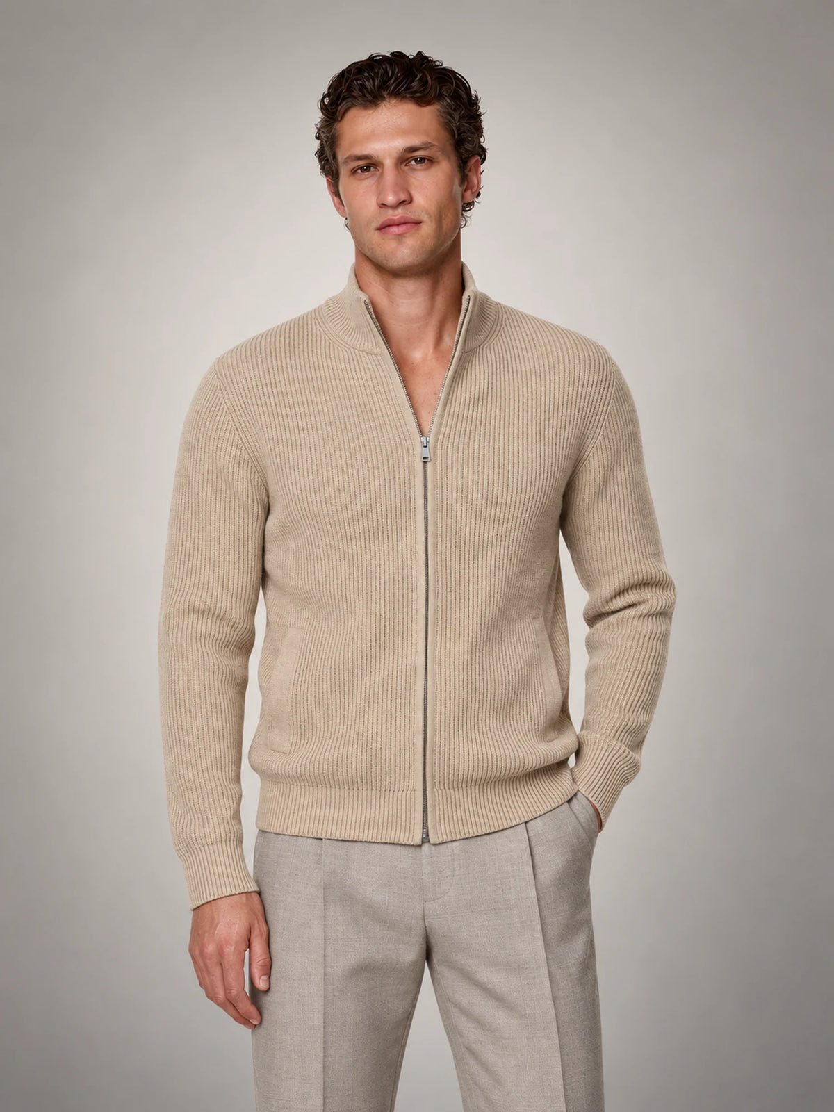 Volantero Men's Knitted Zip-Up Cardigan in Beige, main view