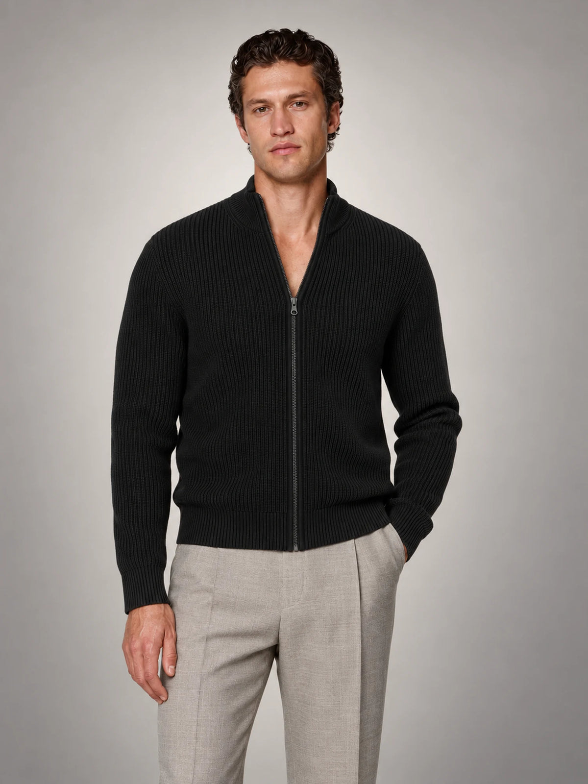 Volantero Men's Knitted Zip-Up Cardigan in Black, front view