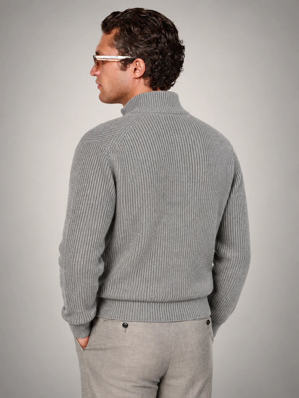 Volantero Men's Knitted Zip-Up Cardigan in Grey, back view