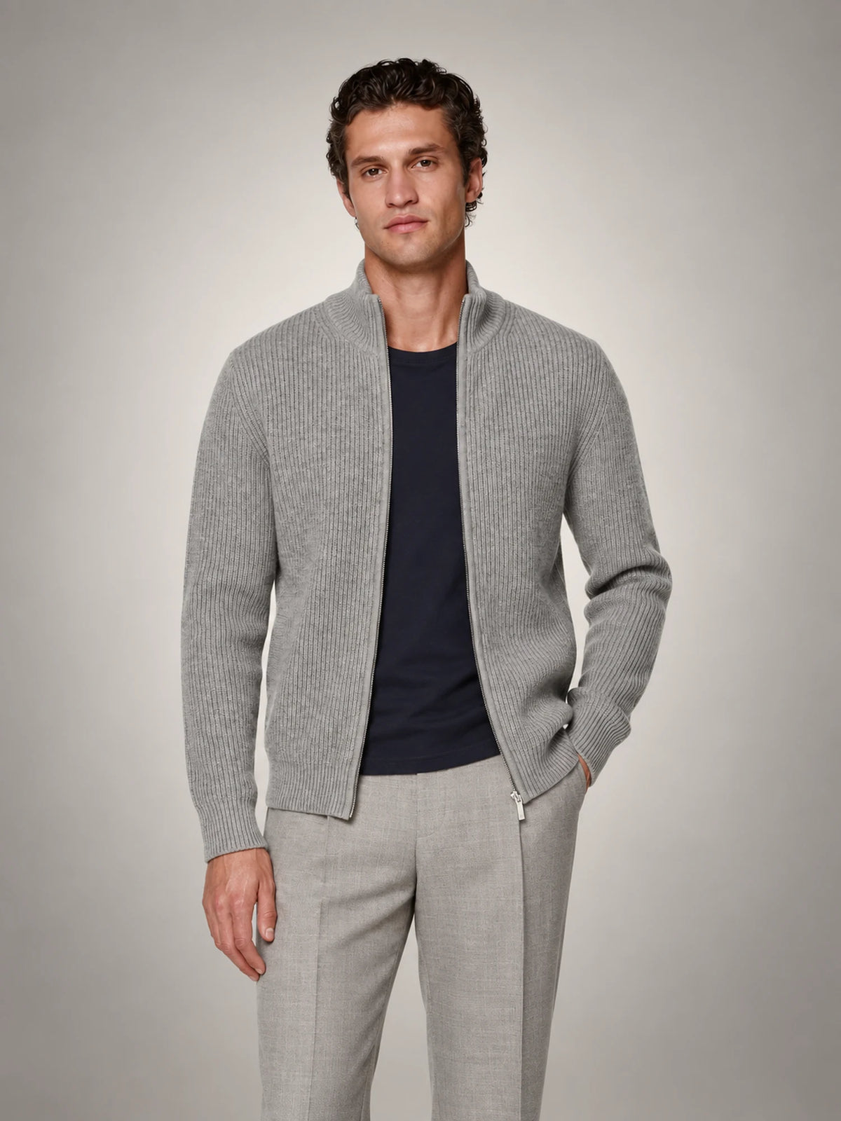 Volantero Men's Knitted Zip-Up Cardigan in Grey, front view