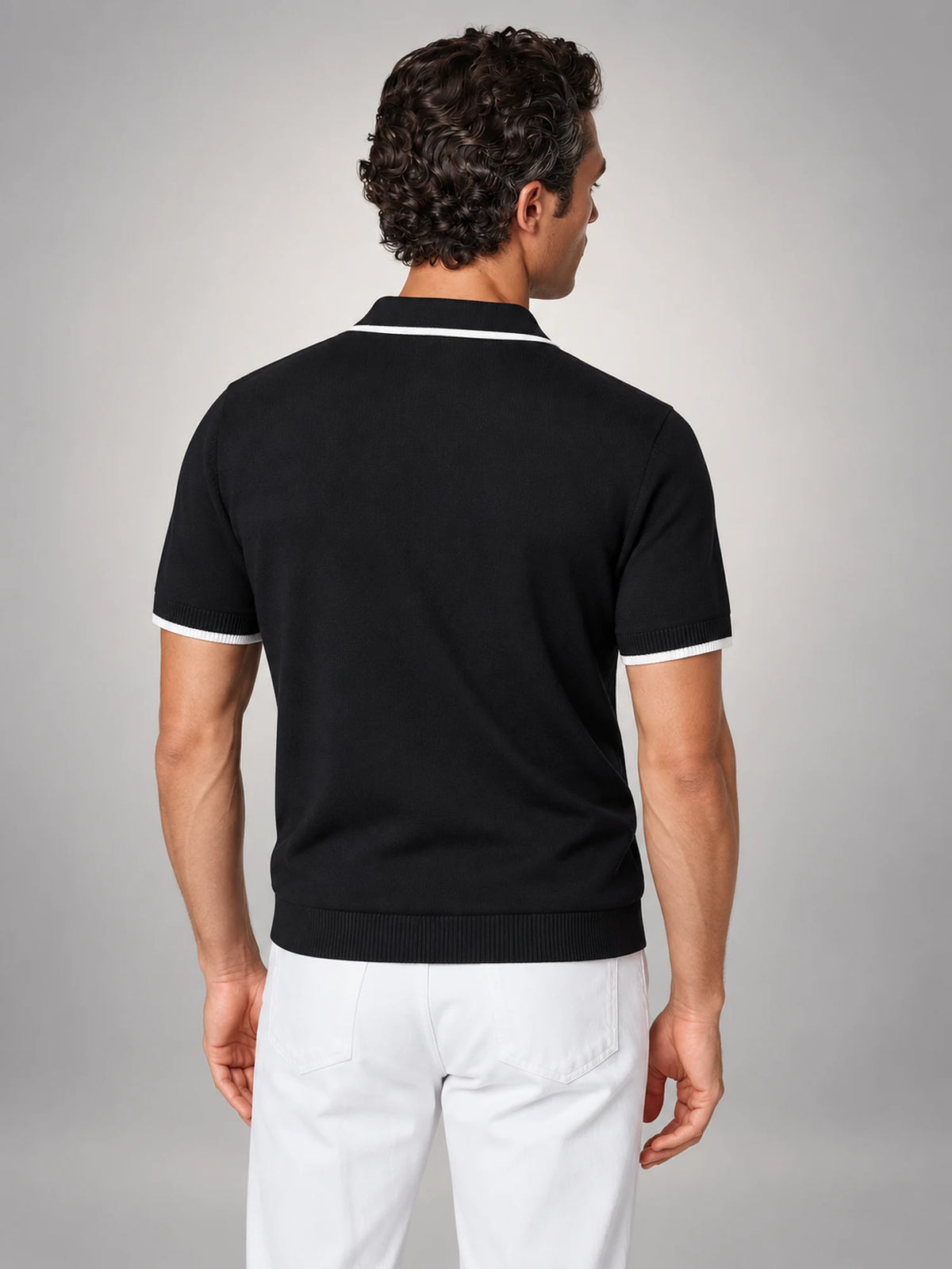 Volantero Men's Knit Polo Shirt with White Trim in Black, back view