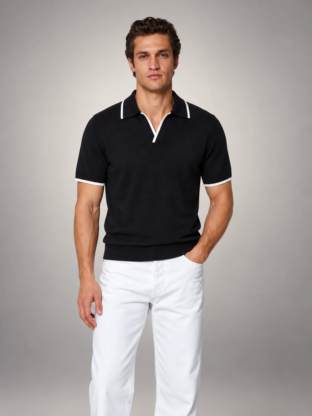 Volantero Men's Knit Polo Shirt with White Trim in Black, front view