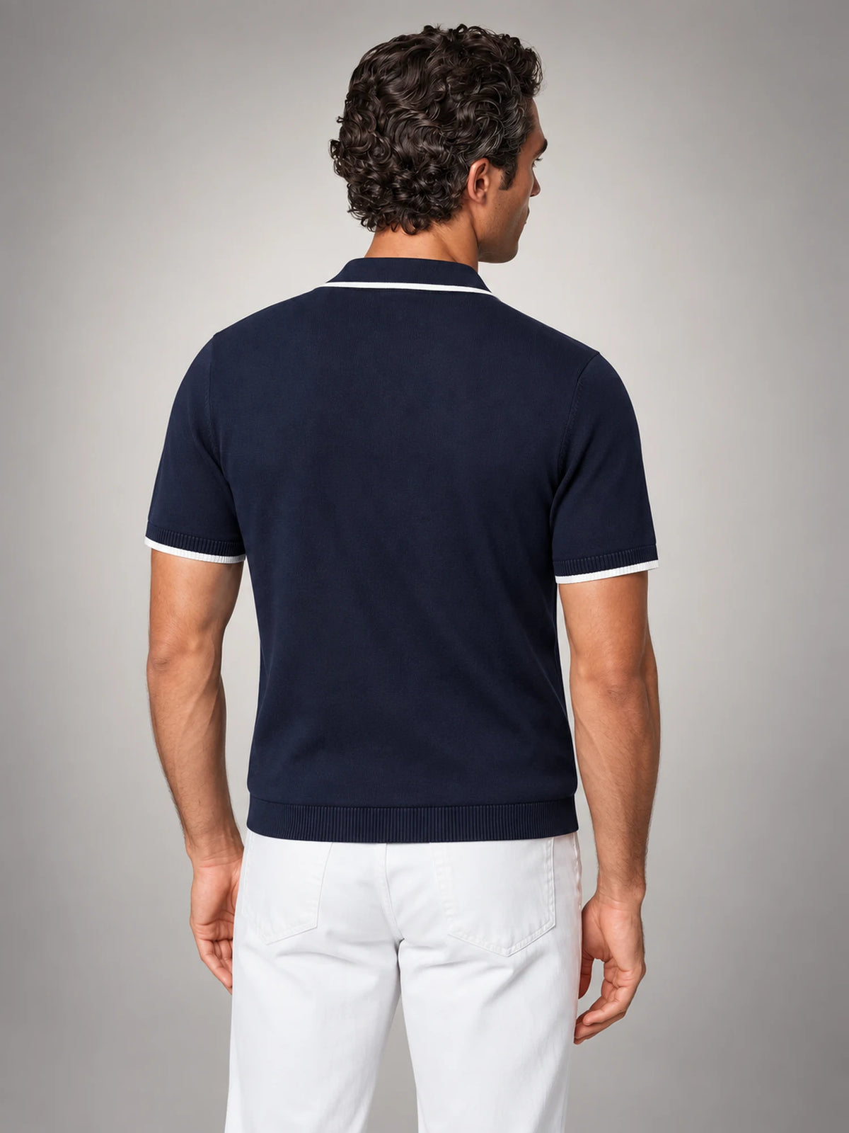 Volantero Men's Knit Polo Shirt with White Trim in Navy, back view