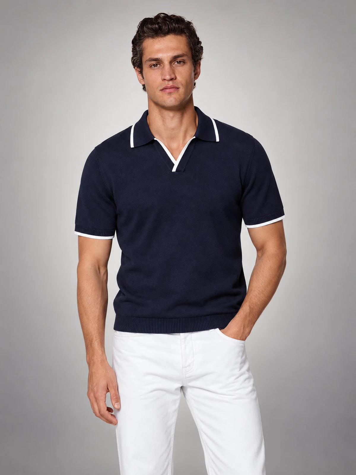 Volantero Men's Knit Polo Shirt with White Trim in Navy, main view