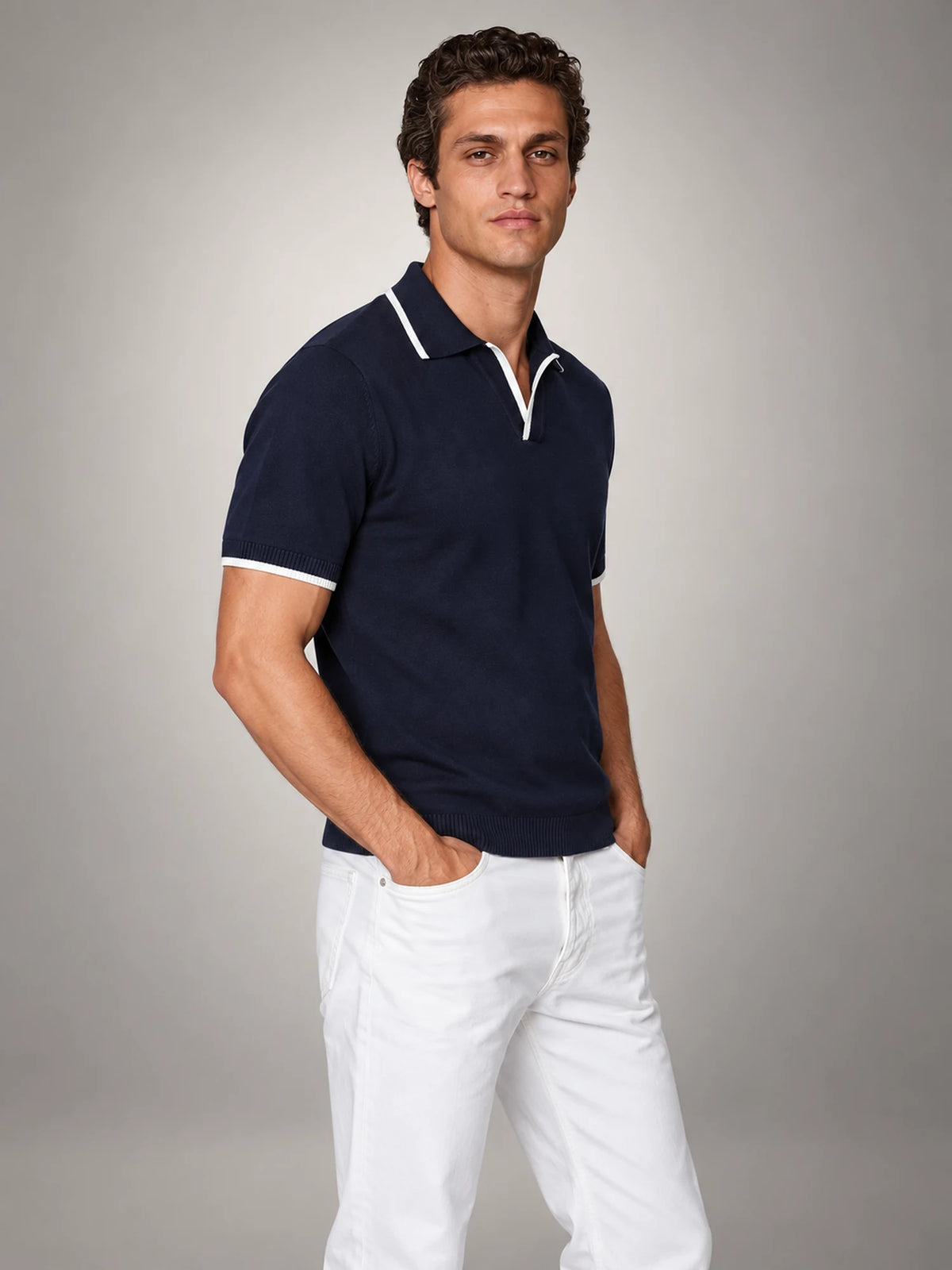 Volantero Men's Knit Polo Shirt with White Trim in Navy, side view