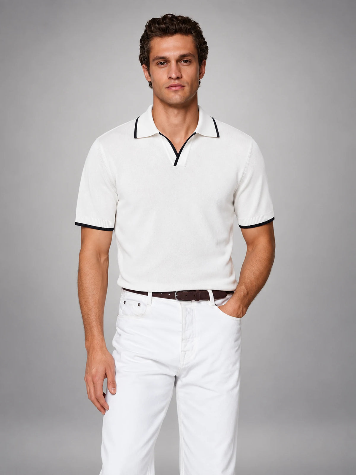 Volantero Men's Knit Polo Shirt with White Trim in White, front view