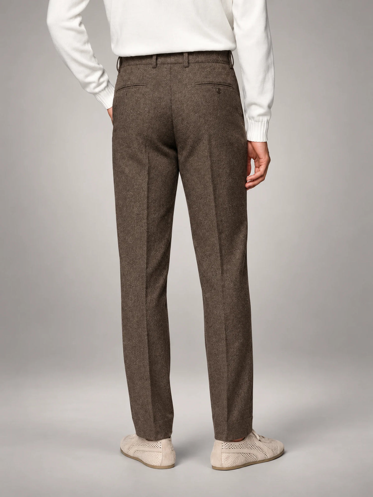 Volantero Men's Elegant Pleated Trousers with Side Adjuster in Brown, back view