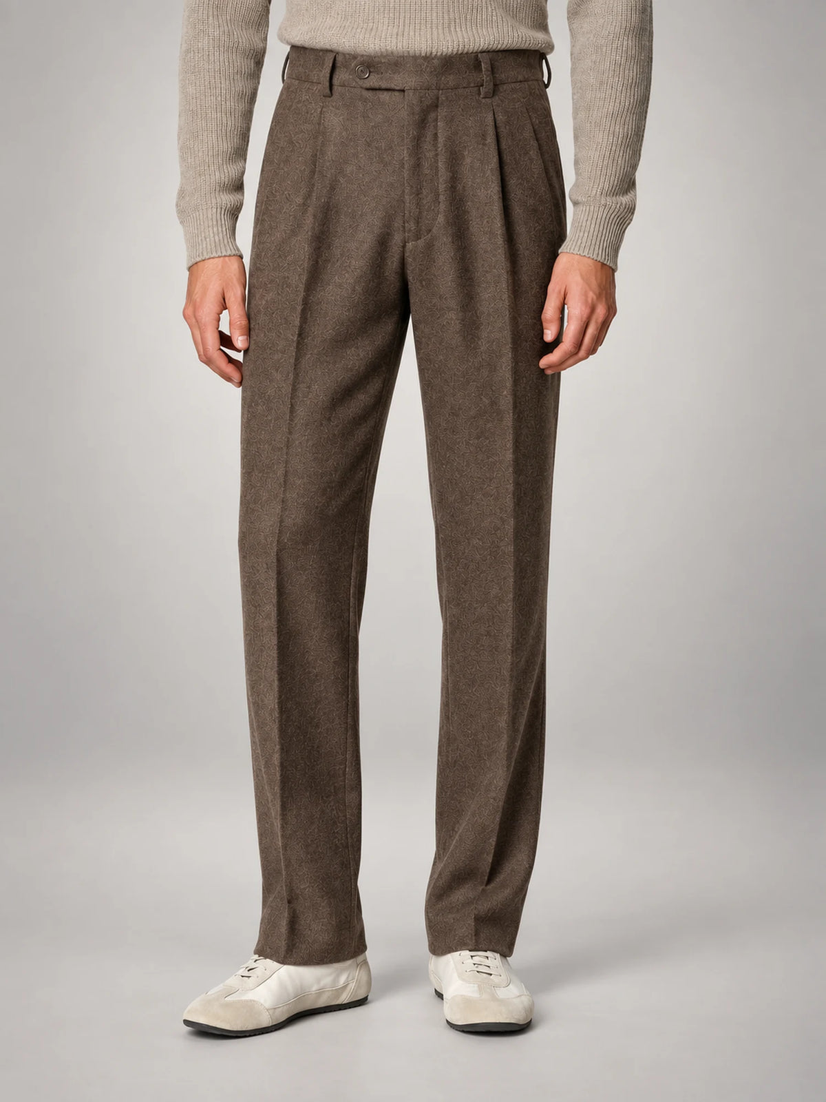 Volantero Men's Elegant Pleated Trousers with Side Adjuster in Brown, hover view