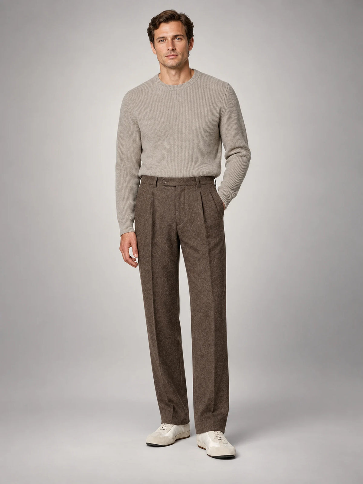 Volantero Men's Elegant Pleated Trousers with Side Adjuster in Brown, main view