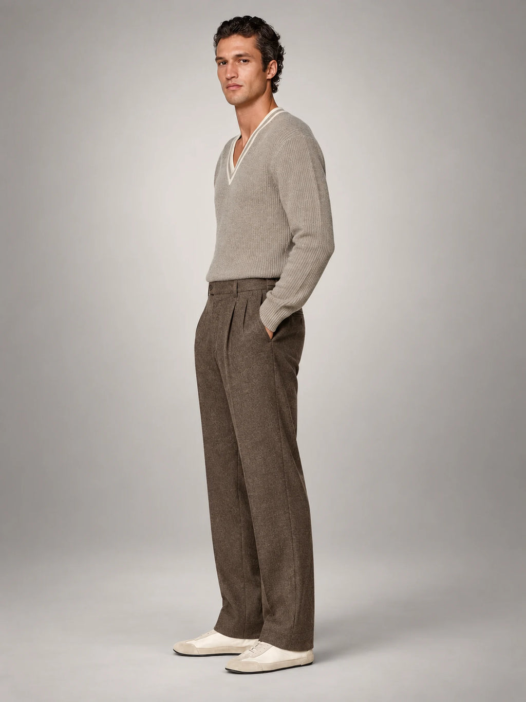 Volantero Men's Elegant Pleated Trousers with Side Adjuster in Brown, side view