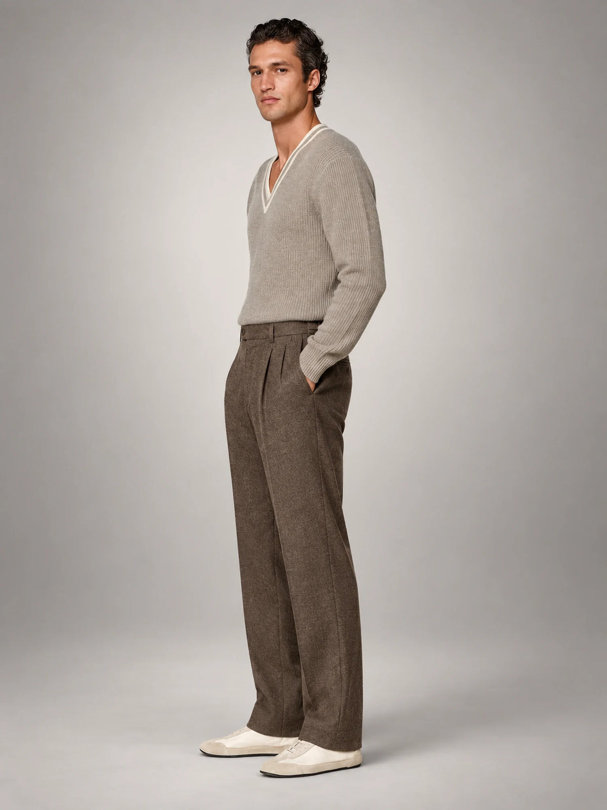 Volantero Men's Elegant Pleated Trousers with Side Adjuster in Brown, side view