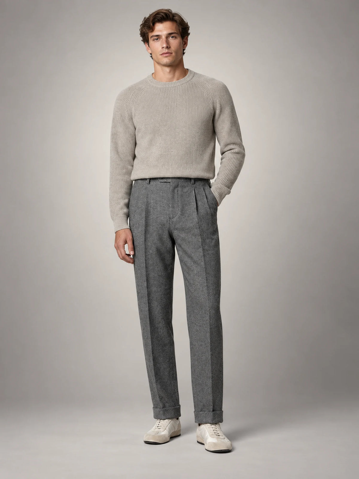Volantero Men's Elegant Pleated Trousers with Side Adjuster in Grey, front view