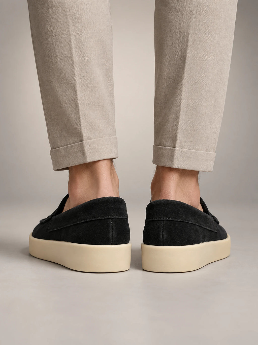 Volantero Men's Suede Mid Loafers in Black, back view