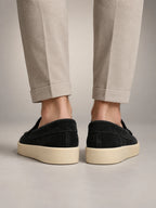 Volantero Men's Suede Mid Loafers in Black, back view