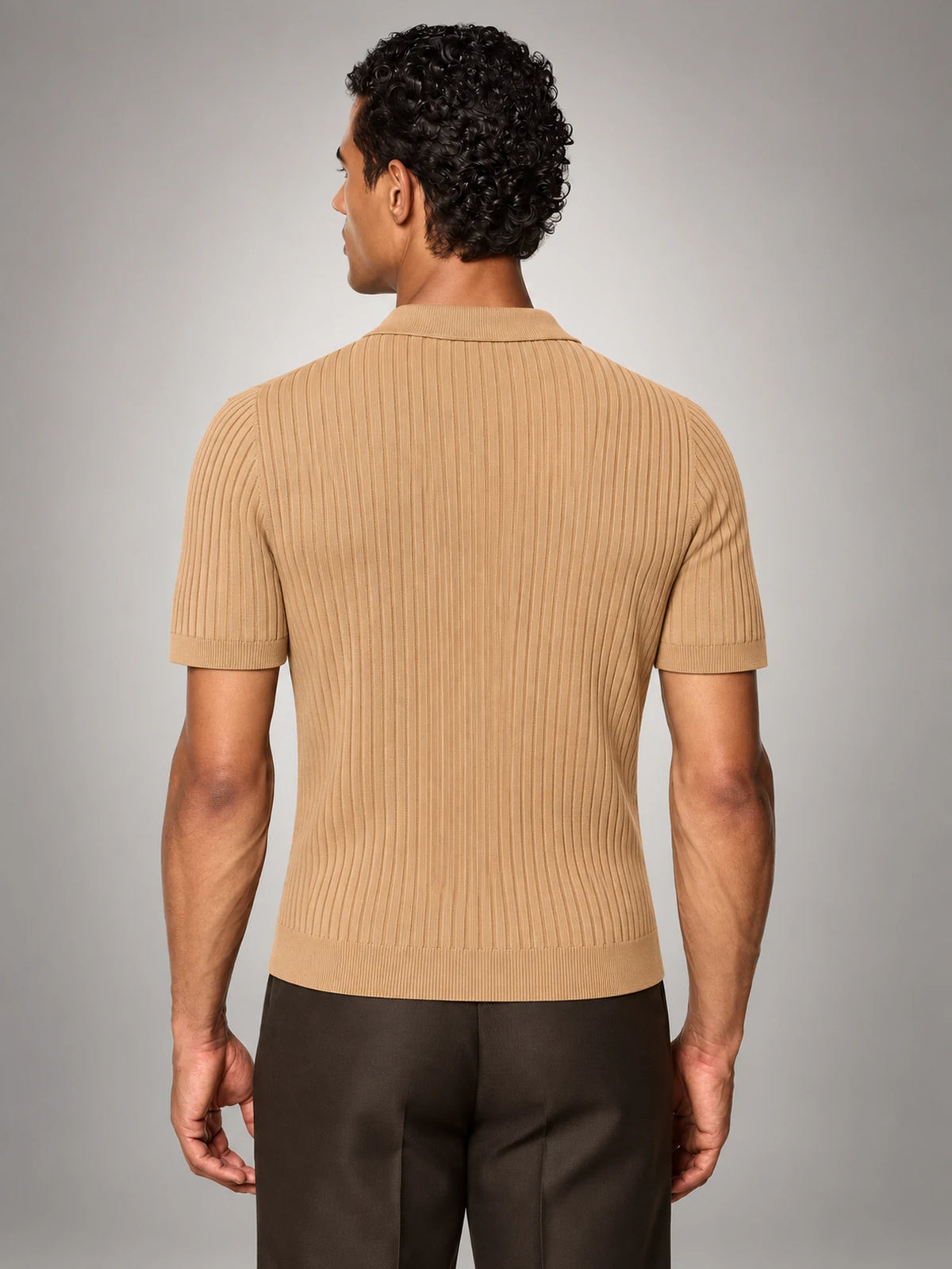 Volantero Men's Ribbed Knit Short-Sleeve Polo Shirt in Camel, back view