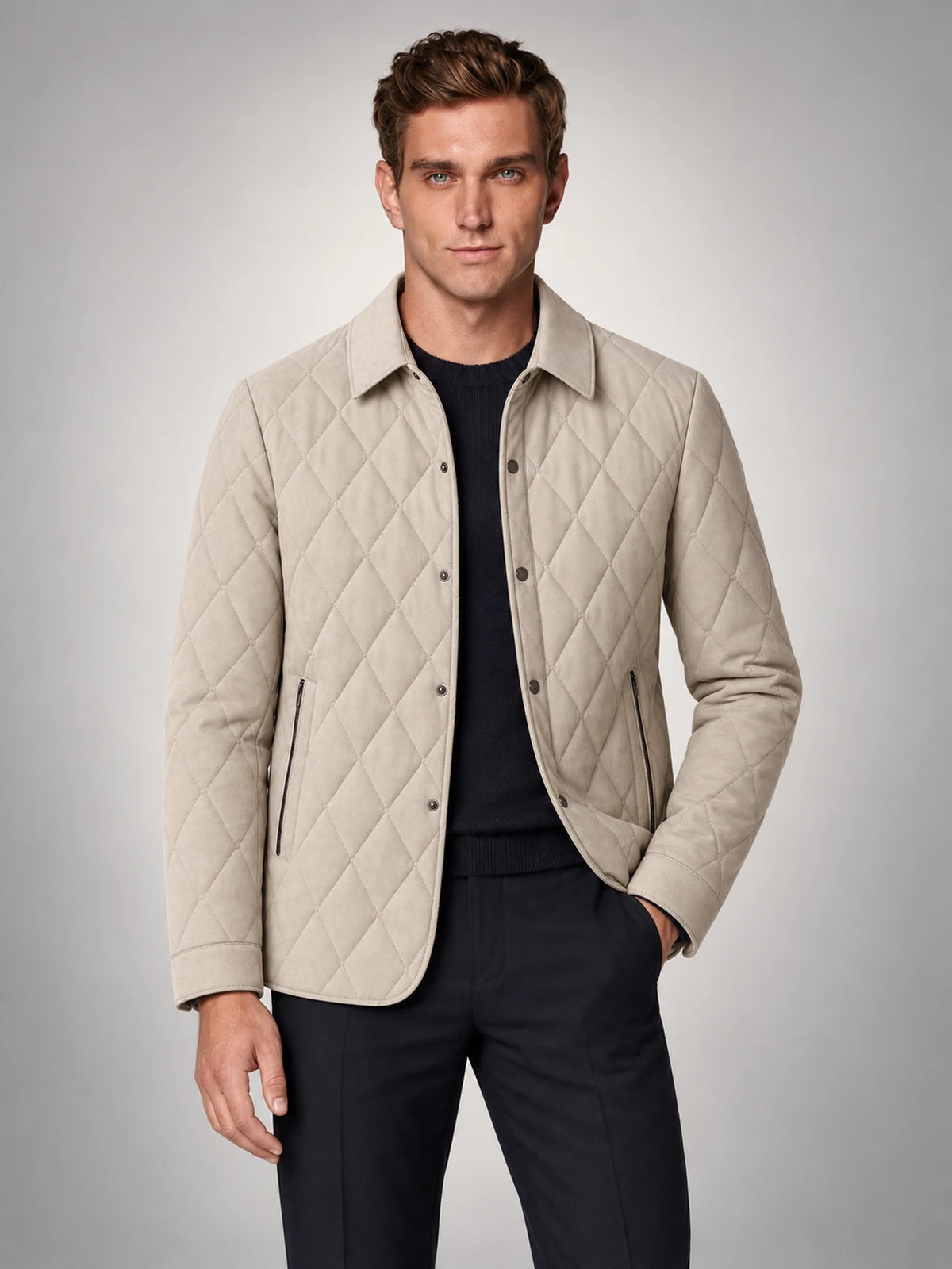 Volantero Men's Classic Quilted Mid-Season Jacket in Beige, front view