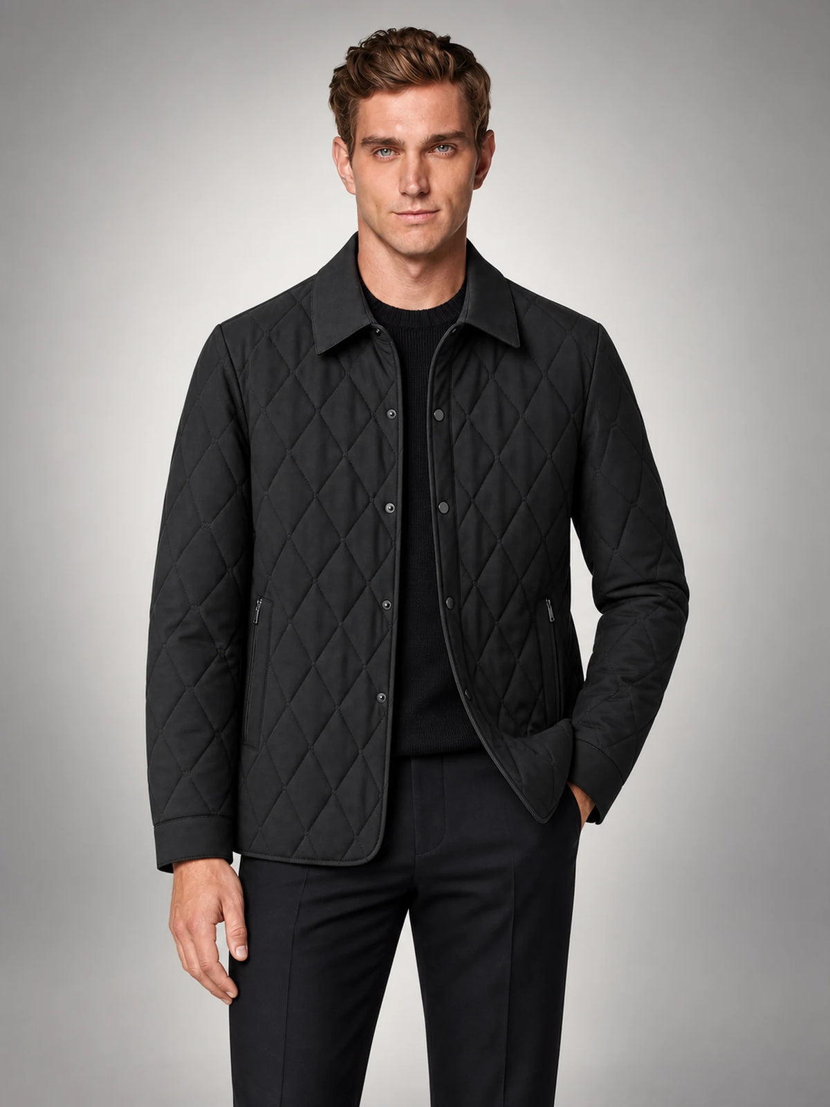 Volantero Men's Classic Quilted Mid-Season Jacket in Black, front view